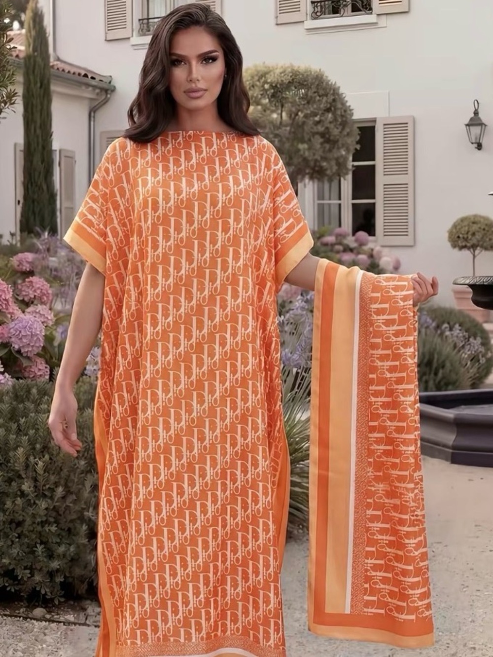 Elegant Orange Printed Women’s Kaftan
